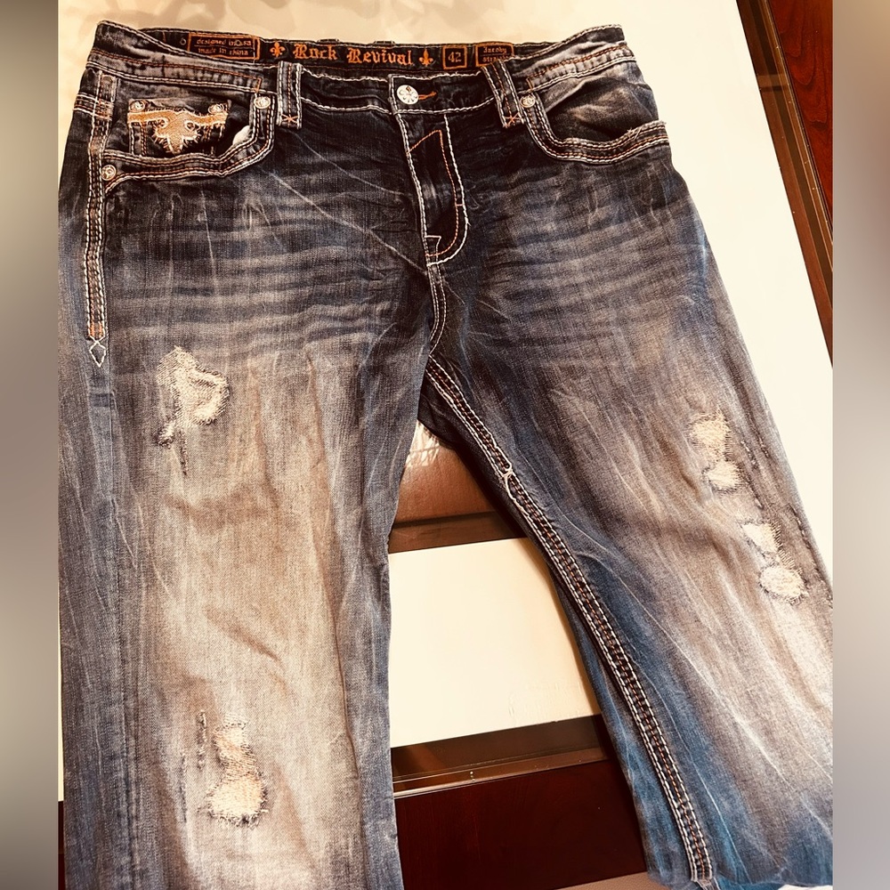 Rock Revival Blue Straight Leg Jeans with Distressed Details